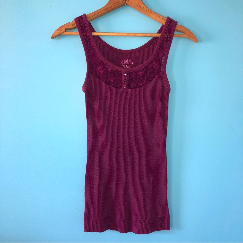 Y2K 90s Tank Top Maroon Purple Lace Trim Button Detail M